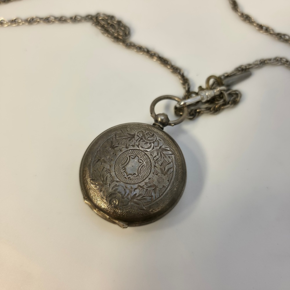 Pocket Watch OS Silver Good Antique Floral Key Wind Chain missing hand - Picture 7 of 9